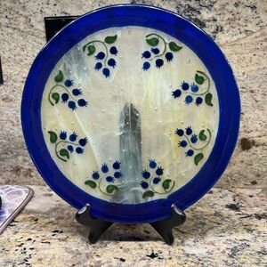 Glass Art Plate, Blueberry Clusters over Milky Glass, Cobalt Blue